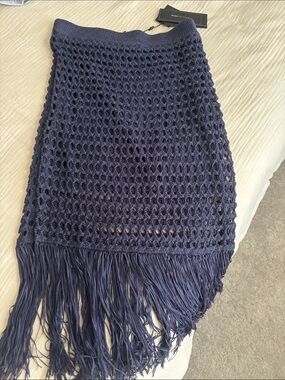 BCBGMaxAzria Navy Crochet Fringe Midi Skirt